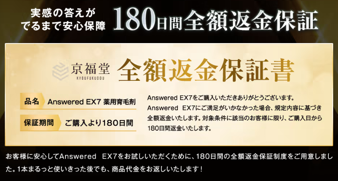 アンサードEX7,180日間の全額返金保証制度